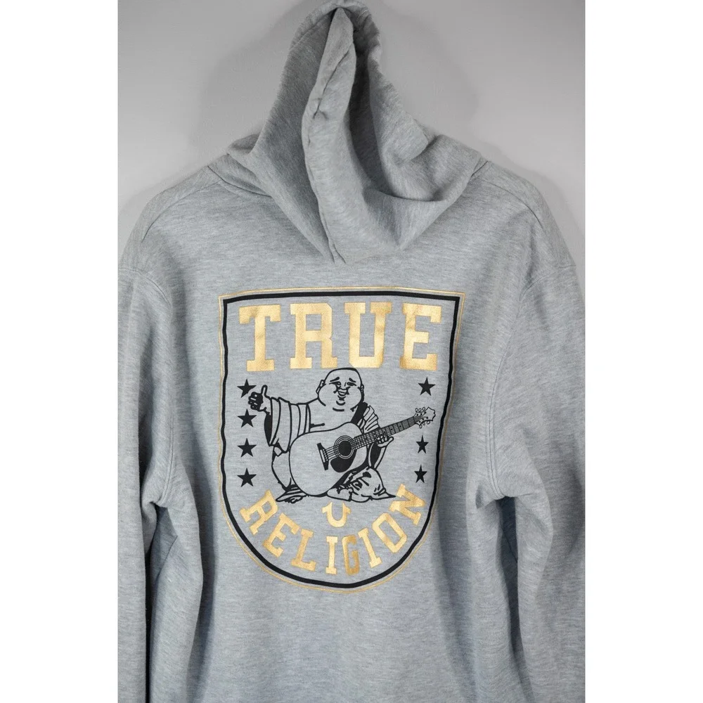 True Religion Zip Hoodie Mens XL Gray Excellent Buddha 3 Star Graphic Sweatshirt